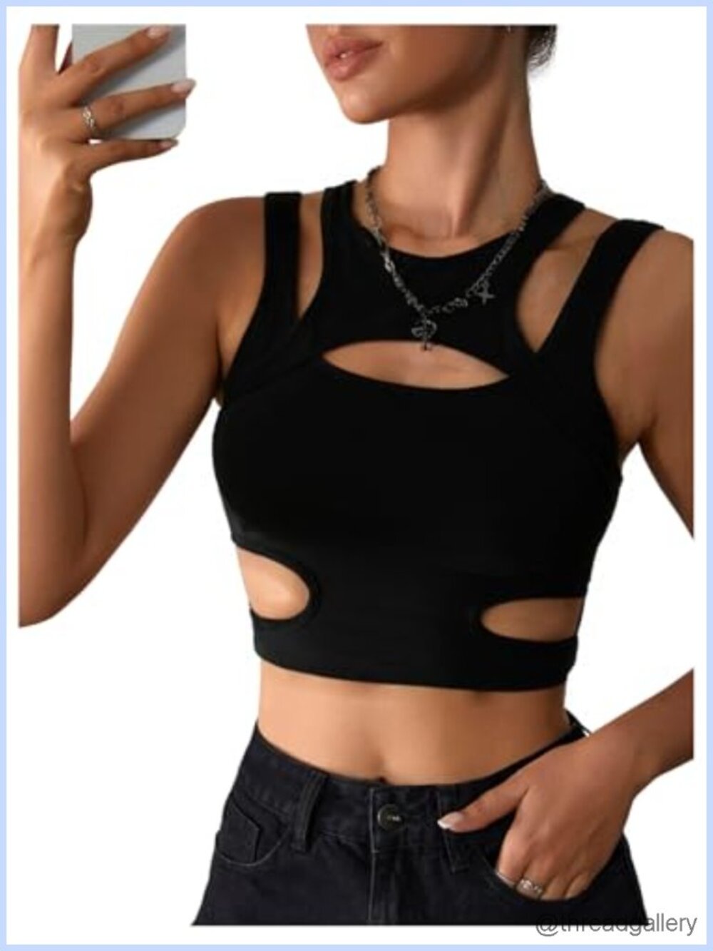 Cut Out Sleeveless Round Neck Slim Fitted Cropped Tank Top